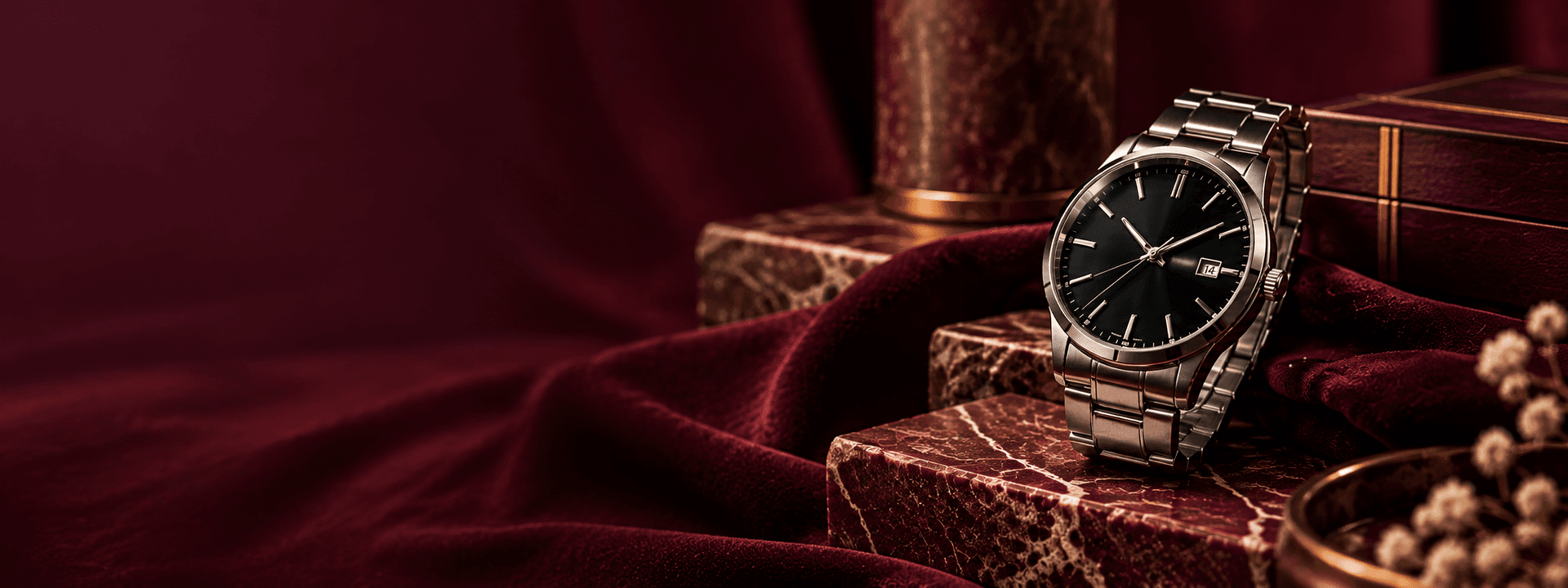 A silver watch with a black dial on burgundy marble and velvet