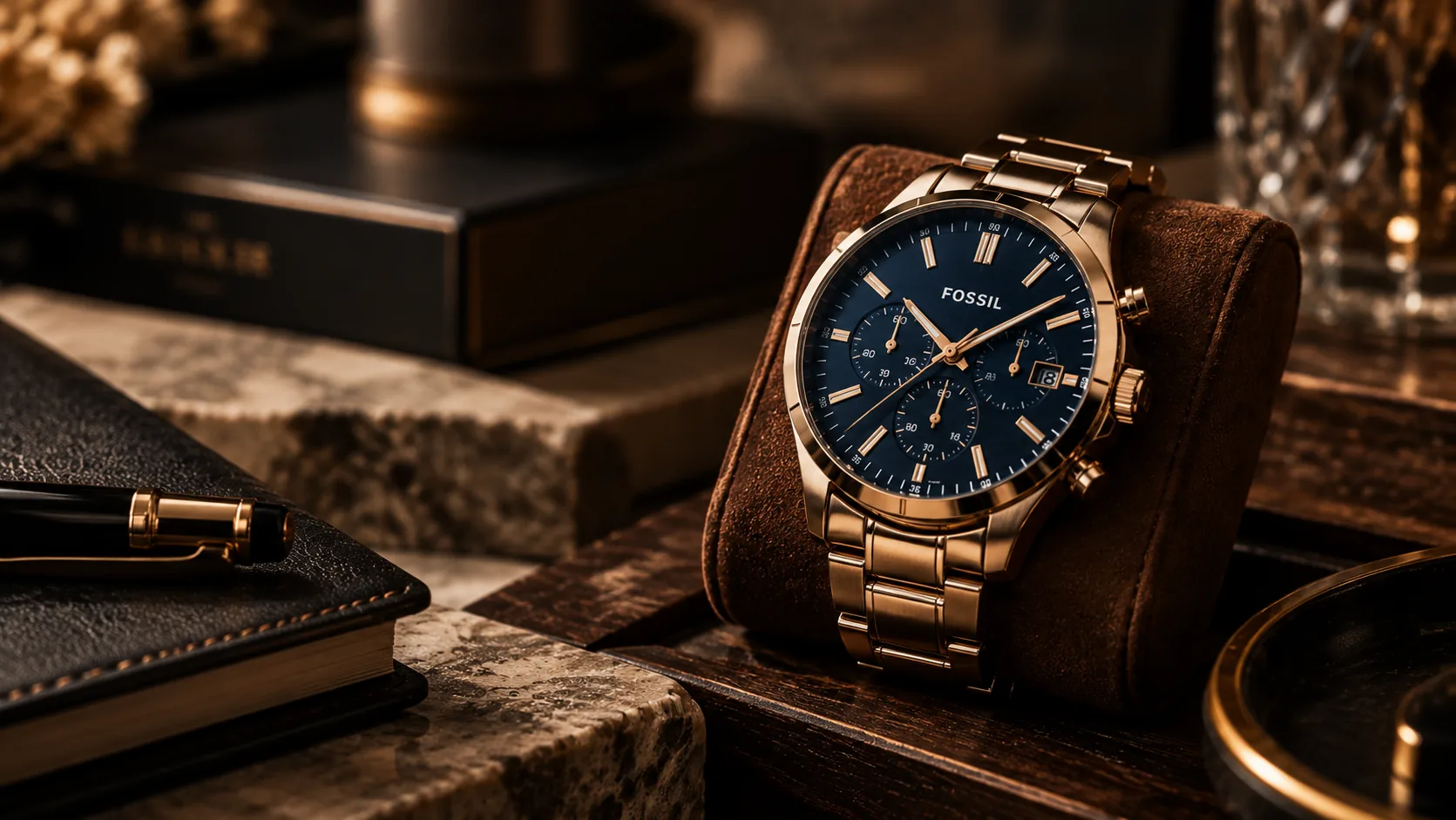 A rose-gold Fossil chronograph with a navy dial on a suede pillow