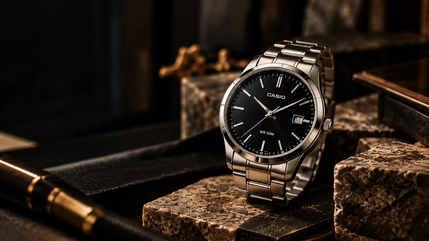 A Casio steel watch with a black dial resting on dark stone